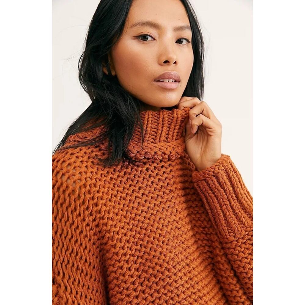 Free People L My Only Sunshine Oversized Knit Sweater Rust Copper Boho $108 MSRP